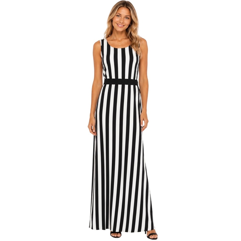 Ann Taylor Black White Striped Sleeveless Maxi Dress 4 Belted V-Back Summer